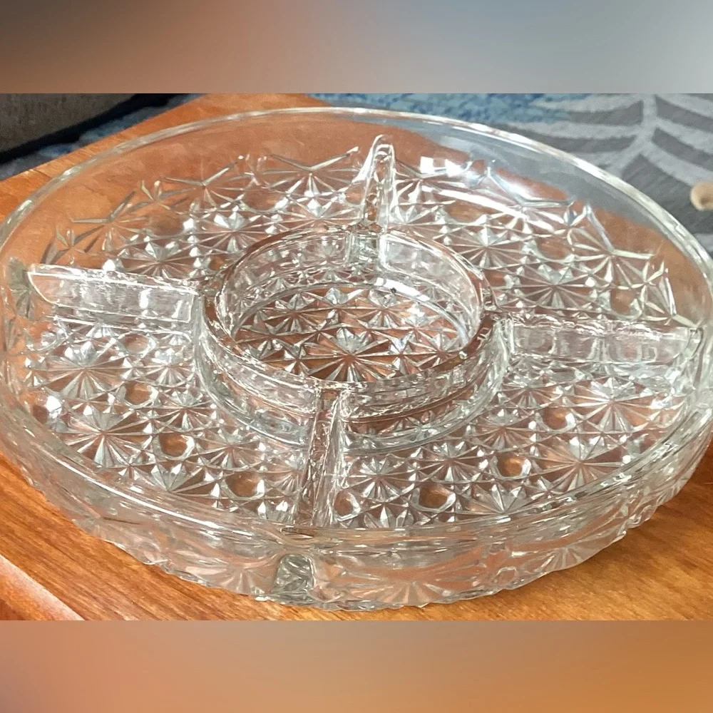 🌺 Vintage Clear Glass Divided Serving Tray w/Silvertone Metal Holder